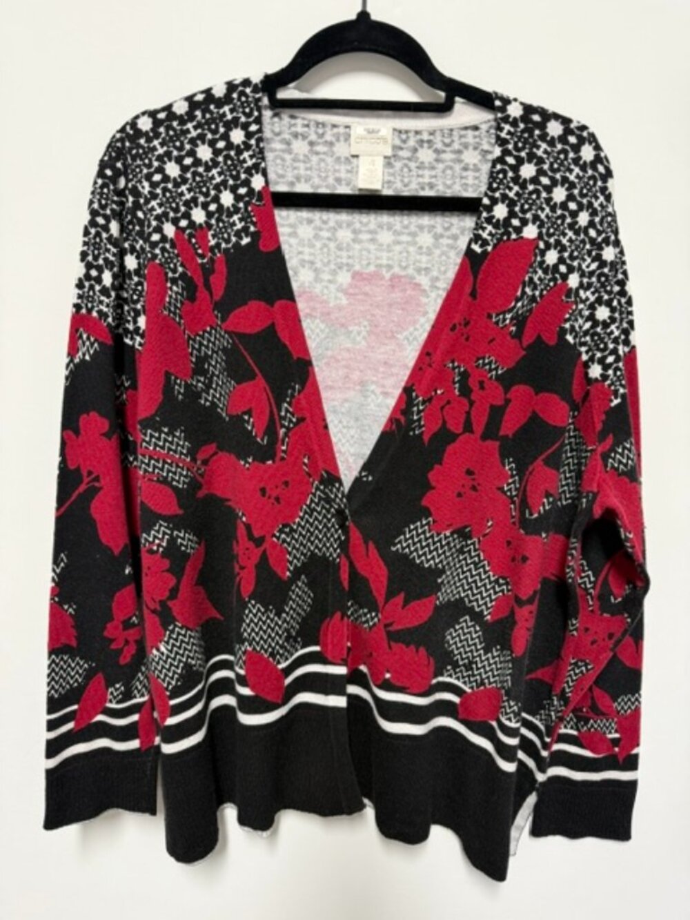 Womens Chicos Black Red White Cardigan Worn Twice Size 4